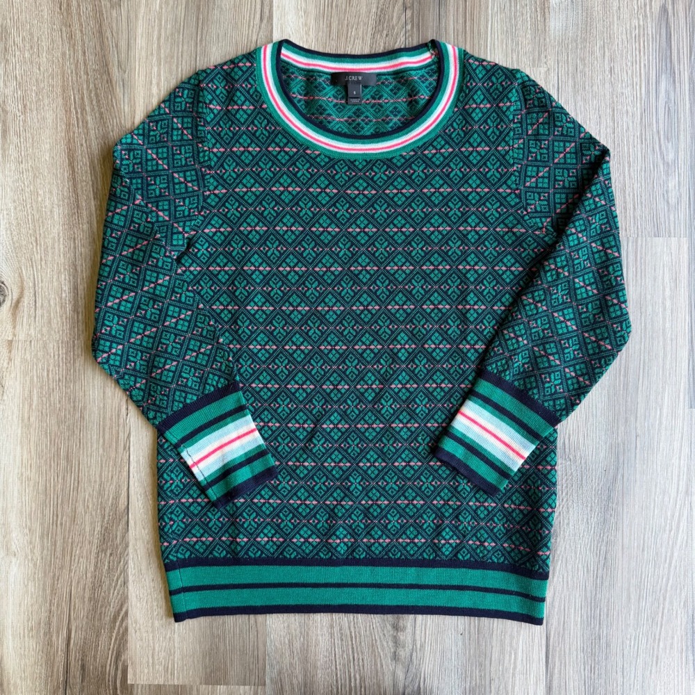 J.Crew Womens Green Merino Wool Fair Isle Geometric Crewneck Sweater Small